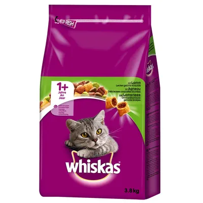 Whiskas 1+ jaar kattenvoer met lamsvlees, onweerstaanbare gevulde brokjes, verpakking van 3,8 kg. Tekst: 100% compleet, uitgebalanceerd, smakelijk & evenwichtig.