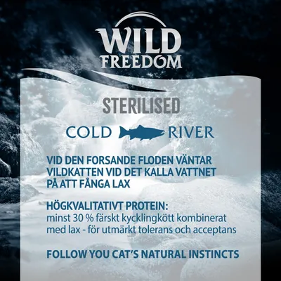 Wild Freedom STERILISED Cold River. Högkvalitativt protein: minst 30 % färskt kycklingkött kombinerat med lax – för utmärkt tolerans och acceptans.