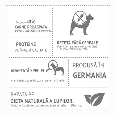 Cel puțin 40% carne proaspătă, proteine de înaltă calitate, rețetă fără cereale, adaptată speciei, produsă în Germania, bazată pe dieta naturală a lupilor. Text integral vizibil.