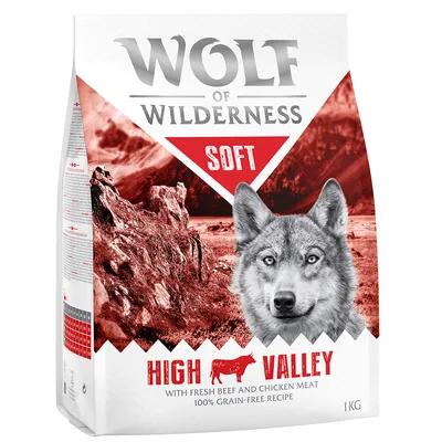 Wolf of Wilderness Soft High Valley hondenvoer, met rund- en kippenvlees, 100% graanvrij recept, verpakking van 1 kg zichtbaar.