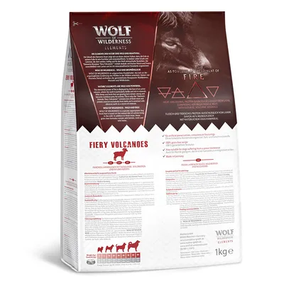 Wolf of Wilderness Elements Fiery Volcanoes dry food, made with fresh lamb, wild berries and volcanic minerals. No artificial preservatives or colourants. Made in Germany. 1kg bag.