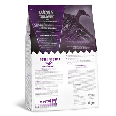 Wolf of Wilderness Elements Rough Storms pet food bag, highlights include no artificial preservatives, grain-free, made in Germany, feeding guide and ingredient information visible.