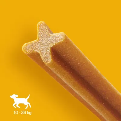Przysmak do żucia w kształcie X dla psów o masie 10-25 kg, żółte tło.