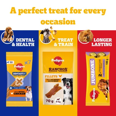 Pedigree Dentastix for dental health, Ranchos Fillets with chicken for training, Jumbone for longer chewing time. Three snack varieties for different occasions.