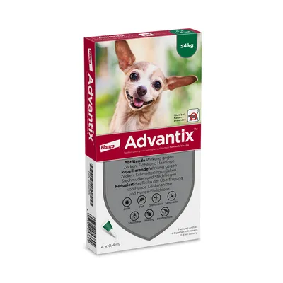 Advantix von Elanco, Spot-on Lösung für Hunde unter 4 kg. Wirkt gegen Zecken, Flöhe, Stechmücken und reduziert Übertragungsrisiken. Nicht bei Katzen anwenden.