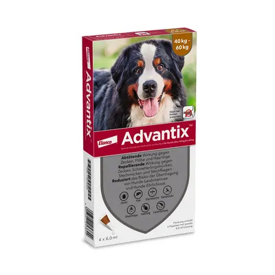 Advantix von Elanco, Spot-on Lösung für Hunde 40-60kg. Wirkt gegen Zecken, Flöhe, Stechmücken und reduziert Risiko von Leishmaniose. Packung enthält 4 Pipetten à 6,0ml.