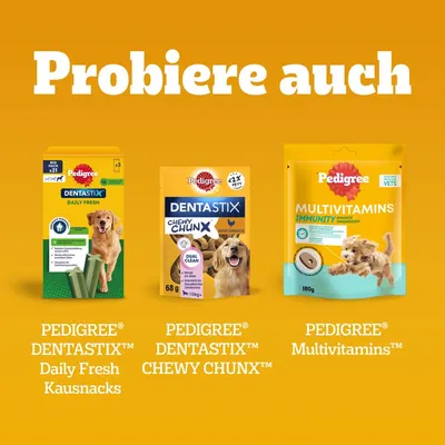 Probieren Sie auch: PEDIGREE Dentastix Daily Fresh Kausnacks, PEDIGREE Dentastix Chewy Chunx Geschmacks-Kausnacks, PEDIGREE Multivitamins Immunity Nahrungsergänzung für Hunde.