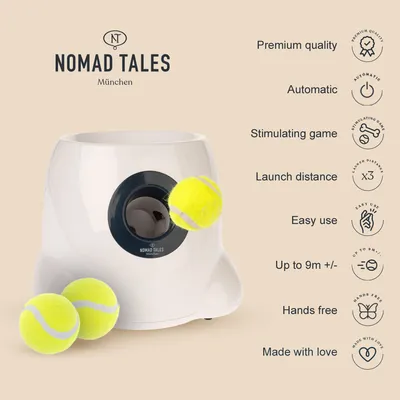 Lanzador automático de pelotas Nomad Tales München con tres pelotas. Texto visible en inglés: Premium quality, Automatic, Stimulating game, Launch distance, Easy use, Up to 9m +/-, Hands free, Made with love.