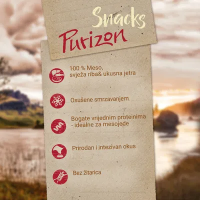 Snacks Purizon. 100 % meso, svježa riba i jetra. Osušene smrzavanjem. Bogate proteinima za mesojede. Prirodan i intenzivan okus. Bez žitarica.