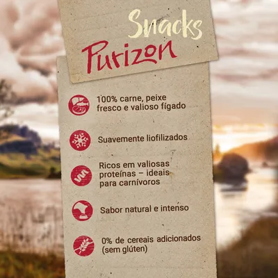 Snacks Purizon: 100% carne, peixe fresco e fígado; suavemente liofilizados; ricos em proteínas para carnívoros; sabor natural e intenso; 0% cereais adicionados (sem glúten).