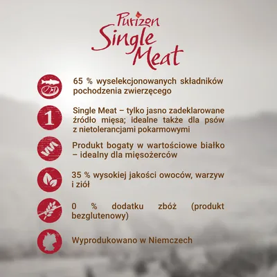 Purizon Single Meat: 65 % składników zwierzęcych, jedno źródło mięsa, bogaty w białko, 35 % owoców i ziół, bez dodatku zbóż, wyprodukowano w Niemczech. Tekst po polsku.