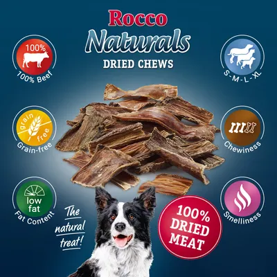 Rocco Naturals dried chews, 100% beef, grain-free, low fat, suitable for all sizes, chewy texture, smelly, made from 100% dried meat. The natural treat.