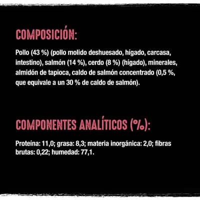 Composición: pollo 43 %, salmón 14 %, cerdo 8 %, minerales, almidón de tapioca, caldo de salmón. Componentes analíticos: proteína 11 %, grasa 8,3 %, materia inorgánica 2 %, fibra 0,22 %, humedad 77,1 %.