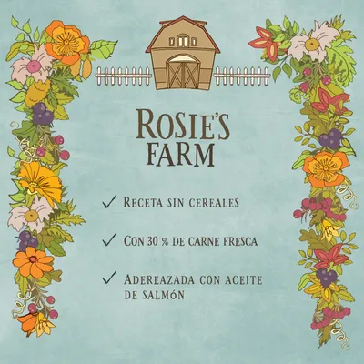 ROSIE'S FARM. Receta sin cereales, con 30 % de carne fresca, aderezada con aceite de salmón.
