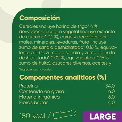 Composición: cereales, carne y derivados animales, minerales, levaduras, fruta, azúcares, aceites. Proteína 34 %, grasa 6 %, materia inorgánica 6 %, fibras brutas 4 %. 150 kcal. LARGE.