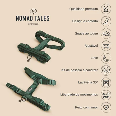 Arnês verde Nomad Tales München com texto: Qualidade premium, Design e conforto, Suave ao toque, Ajustável, Leve, Kit de passeio a condizer, Lavável a 30°, Liberdade de movimentos, Feito com amor.