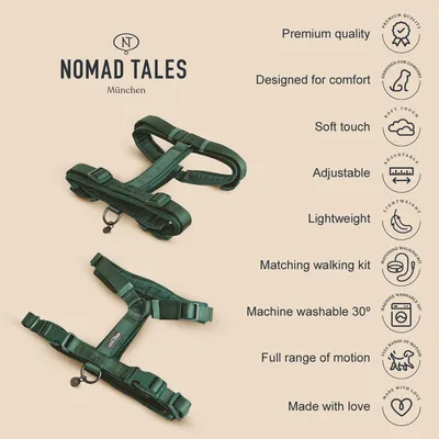 Green harness with features: premium quality, designed for comfort, soft touch, adjustable, lightweight, matching walking kit, machine washable at 30°C, full range of motion, made with love.