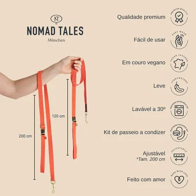 Trela vermelha Nomad Tales München em couro vegano, ajustável até 200 cm, lavável a 30°, leve. Texto visível: qualidade premium, fácil de usar, kit de passeio a condizer, feito com amor.
