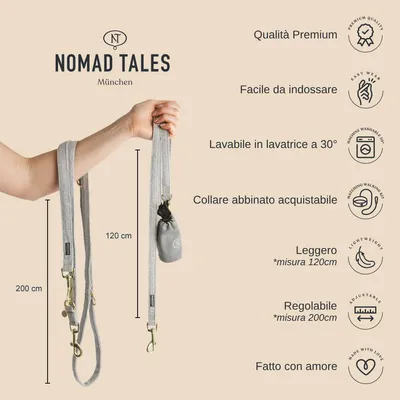 Guinzaglio Nomad Tales München, lunghezze visibili 120 cm e 200 cm. Testo: qualità premium, facile da indossare, lavabile a 30°, collare abbinato acquistabile, leggero, regolabile, fatto con amore.