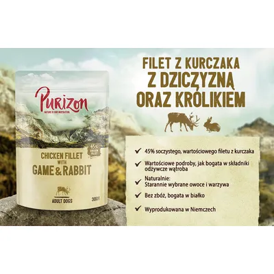 Purizon Chicken Fillet with Game & Rabbit, filet z kurczaka z dziczyzną i królikiem, 45% filet z kurczaka, bez zbóż, bogata w białko, wyprodukowana w Niemczech, masa netto 300 g