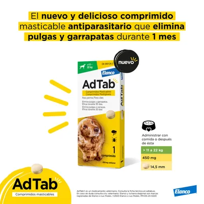 AdTab comprimidos masticables antiparasitarios para perros de 11 a 22 kg, elimina pulgas y garrapatas durante 1 mes. Caja con 1 comprimido de 450 mg, administrar con comida. Marca Elanco.