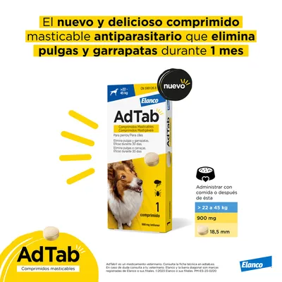 AdTab comprimidos masticables antiparasitarios para perros de 22 a 45 kg, elimina pulgas y garrapatas durante 1 mes. Administrar con comida. Caja de 1 comprimido, 900 mg, 18,5 mm. Elanco.