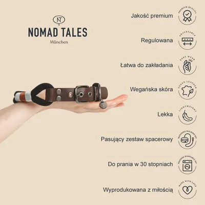 Obroża Nomad Tales München z wegańskiej skóry, regulowana, lekka, łatwa do zakładania. Tekst: jakość premium, do prania w 30 stopniach, pasujący zestaw spacerowy, wyprodukowana z miłością.