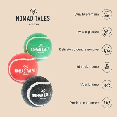 Tre palline da gioco Nomad Tales München, testo visibile: Qualità premium, Invita a giocare, Delicato su denti e gengive, Rimbalza bene, Vola lontano, Prodotto con amore.