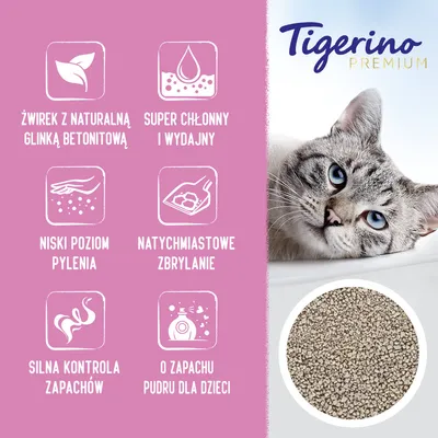 Tigerino Premium. Żwirek z naturalną glinką bentonitową, super chłonny i wydajny, niski poziom pylenia, natychmiastowe zbrylanie, silna kontrola zapachów, o zapachu pudru dla dzieci.