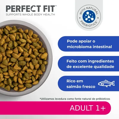 PERFECT FIT, pode apoiar o microbioma intestinal, feito com ingredientes de excelente qualidade, rico em salmão fresco, ADULT 1+, com prebióticos naturais.