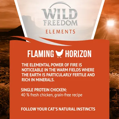 Wild Freedom Elements Flaming Horizon: single protein chicken, 40% fresh chicken, grain-free recipe. Follow your cat’s natural instincts. Description highlights mineral-rich fields.