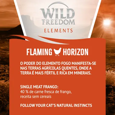 Wild Freedom Elements Flaming Horizon. Single Meat Frango: 40 % de carne fresca de frango, receita sem cereais. O poder do elemento fogo nas terras agrícolas quentes. Texto em inglês incluído.