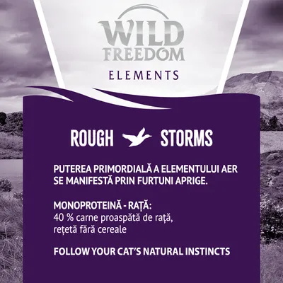 Wild Freedom Elements. Monoproteină – rață: 40 % carne proaspătă de rață, rețetă fără cereale. Puterea primordială a elementului aer se manifestă prin furtuni aprige.