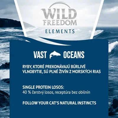 Wild Freedom Elements Vast Oceans. Single protein losos: 40 % čerstvý losos, receptúra bez obilnín. Ryby plné živín z morských rias. Text v angličtine aj slovenčine.