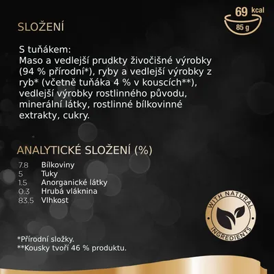 Složení: maso a vedlejší produkty živočišné výroby, ryby včetně tuňáka 4 %, rostlinné výrobky, minerální látky. Analytické složení: bílkoviny 7,8 %, tuky 5 %, vlhkost 83,5 %.