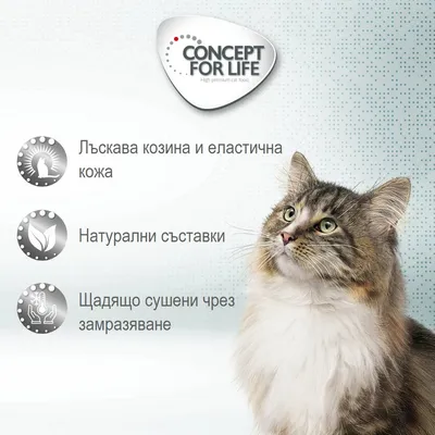 Concept for Life. Лъскава козина и еластична кожа, натурални съставки, щадящо сушени чрез замразяване. Котка с дълга козина вдясно.