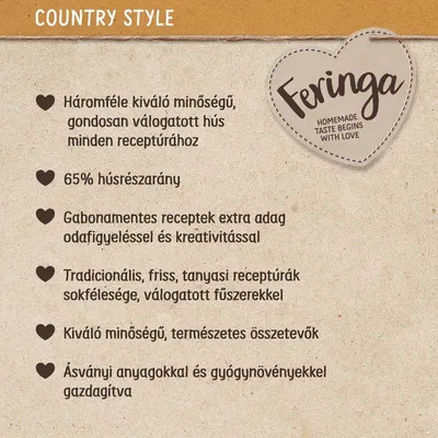 Feringa. Háromféle kiváló minőségű hús, 65% hústartalom, gabonamentes receptek, friss tanyasi receptúrák, természetes összetevők, ásványi anyagokkal és gyógynövényekkel gazdagítva.