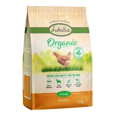 Lukullus Organic Adult Poultry, luomu koiranruoka, laadukas resepti, helposti sulava, vehnätön, erityinen yrttiseos, 1 kg pakkaus.