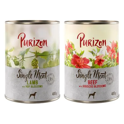 Purizon Single Meat mokra hrana, vrste: jagnjetina s hmeljevimi cvetovi in govedina s hibiskusovimi cvetovi, 400g konzerva, 13% beljakovin.