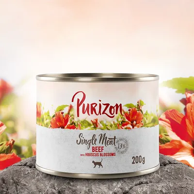 Purizon Single Meat Beef s kvetmi ibišteka, 200g konzerva. 13 % obsah bielkovín, vhodné pre psy.
