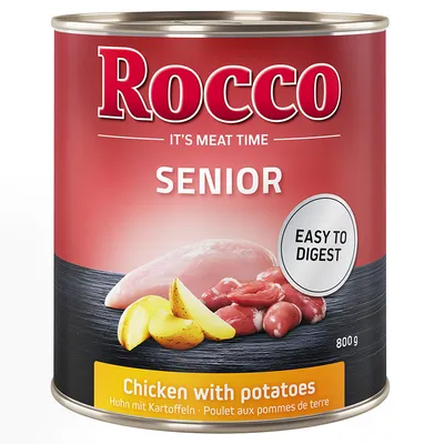 Rocco Senior, Easy to digest, 800 g. Chicken with potatoes, Poulet aux pommes de terre. Huhn mit Kartoffeln. Boîte pour animaux avec morceaux de poulet et pommes de terre visibles.