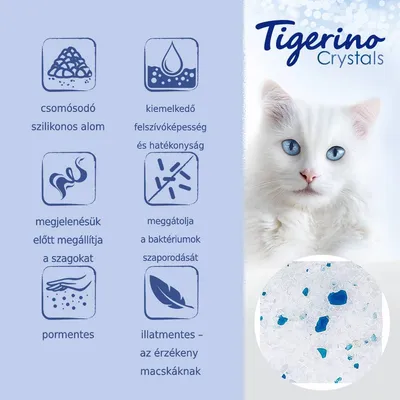 Tigerino Crystals csomósodó szilikonos alom: kiemelkedő felszívóképesség, hatékonyság, szagmentesítés, baktériumok szaporodásának gátlása, pormentes, illatmentes érzékeny macskáknak.