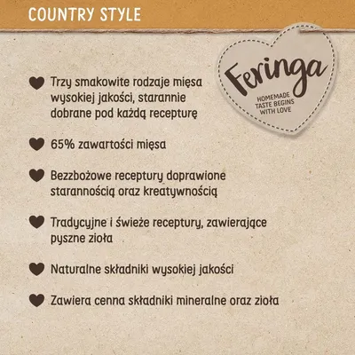 Feringa. Trzy smakowite rodzaje mięsa, 65% zawartości mięsa, bezzbożowe receptury, tradycyjne i świeże receptury z ziołami, naturalne składniki, cenne minerały oraz zioła.