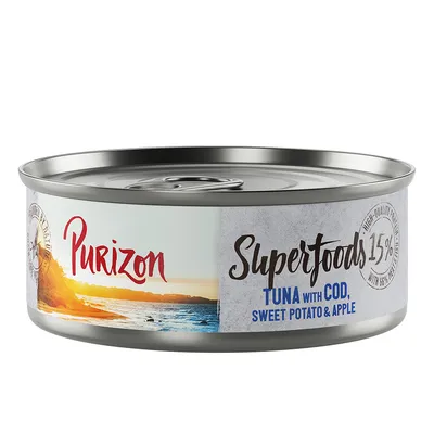 Purizon Superfoods blik: tonijn met kabeljauw, zoete aardappel en appel. 15% hoogwaardige eiwitten, 85% dierlijke ingrediënten.