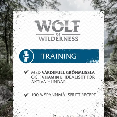 Wolf of Wilderness Training. Med värdefull grönmussla och vitamin E: Idealiskt för aktiva hundar. 100 % spannmålsfritt recept.