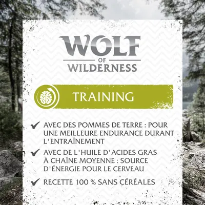 Wolf of Wilderness Training. Avec des pommes de terre pour l'endurance, huile d'acides gras à chaîne moyenne pour le cerveau, recette 100 % sans céréales.
