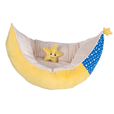 Gelbes, mondförmiges Kuschelbett mit blauem Sternenmuster und einem lächelnden Plüschstern in der Mitte. Geeignet für Haustiere.