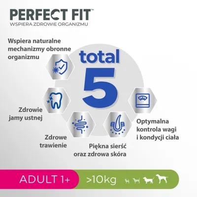 Perfect Fit wspiera zdrowie organizmu: mechanizmy obronne, zdrowie jamy ustnej, trawienie, sierść i skórę, kontrolę wagi. ADULT 1+, powyżej 10 kg.