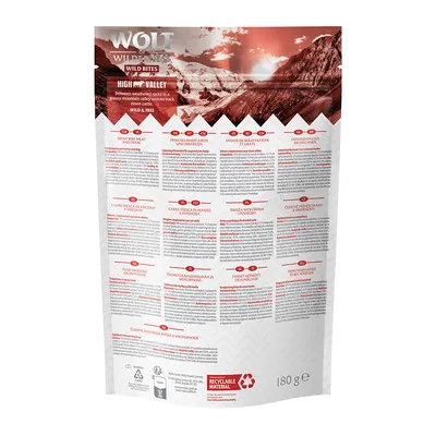 Dos du sachet Wolt Wild Bites High Valley 180 g, texte multilingue sur la composition et les ingrédients, mention « recyclable material », pictogrammes plastique et poubelle visibles.