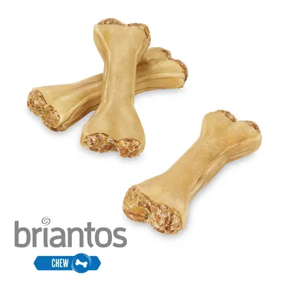 Briantos tyggeben med fyldte ender, egnet til at tygge. Tre synlige ben og Briantos logo med blåt Chew-symbol.